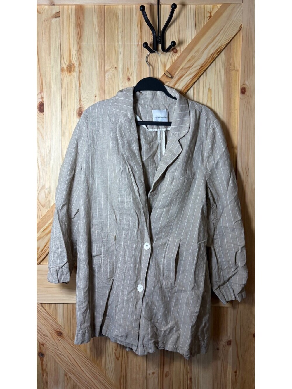 Gibson Latimer Beige Pinstripe Linen Cotton Blazer Jacket